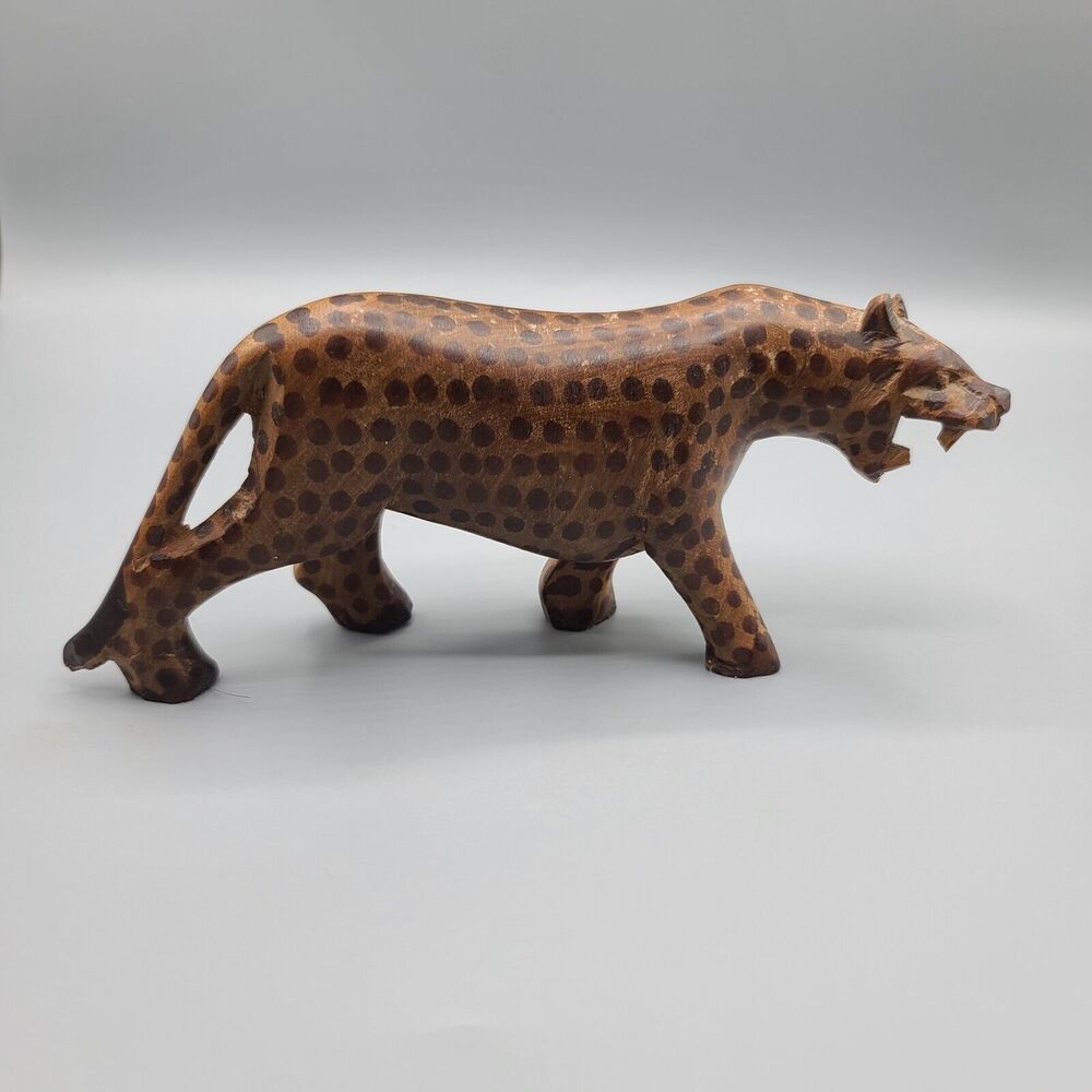 Hand Carved Wooden Leopard Cheetah Folk Art Statue Sculpture Spots